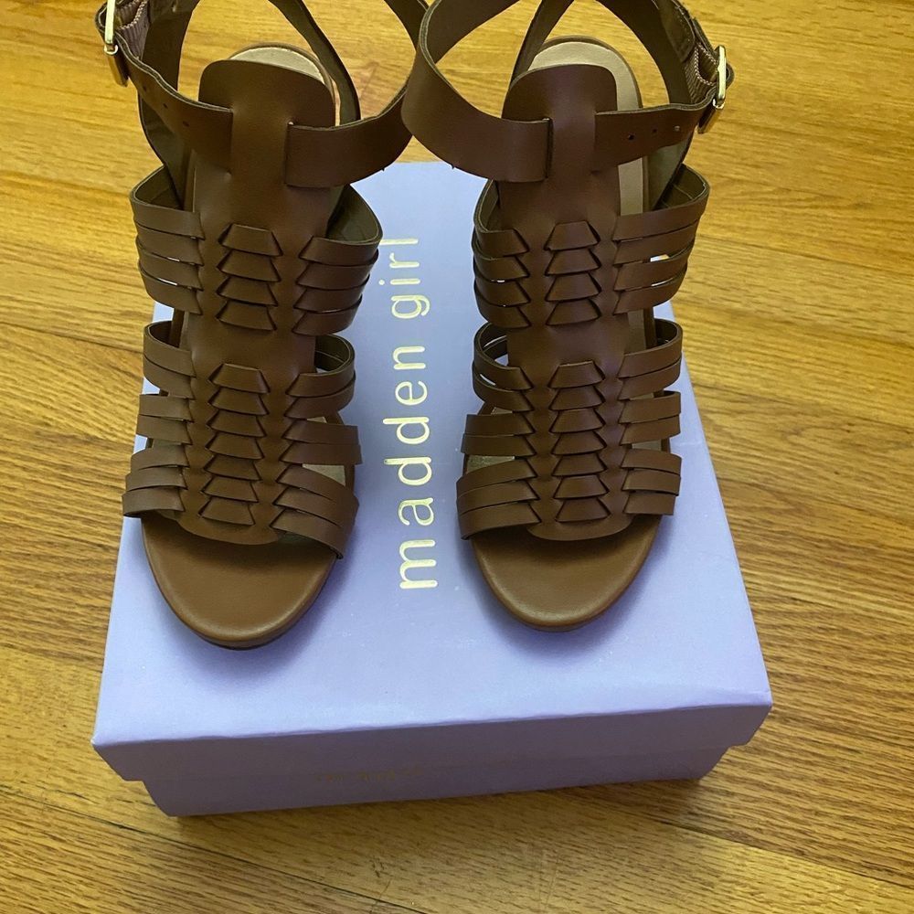Madden Girl Heeled Sandal Women’s 6 Brown (Cognac) REINE Ankle Strap Shoe New - Picture 2 of 7